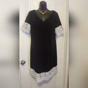 Karl Lagerfeld Black Dress with White Lace Trim Size 10 EUC